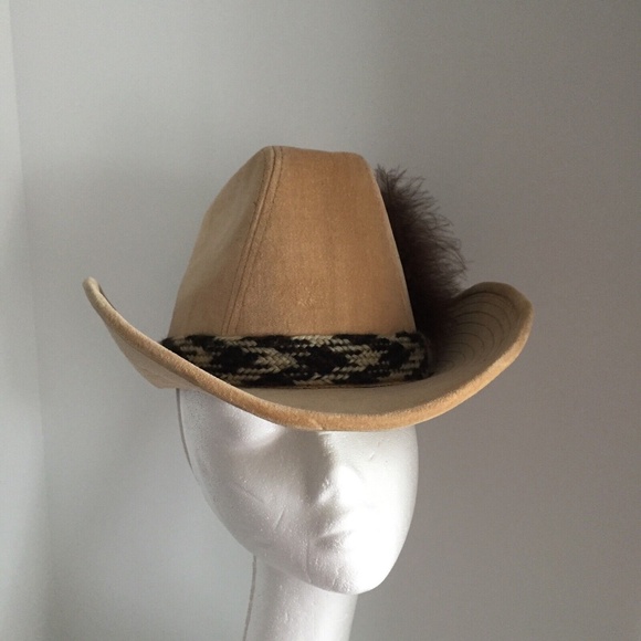 Vintage Womens Stetson Cowboy Western Hat Corduroy Cotton Feather Beige 6-3/4 - Picture 8 of 12